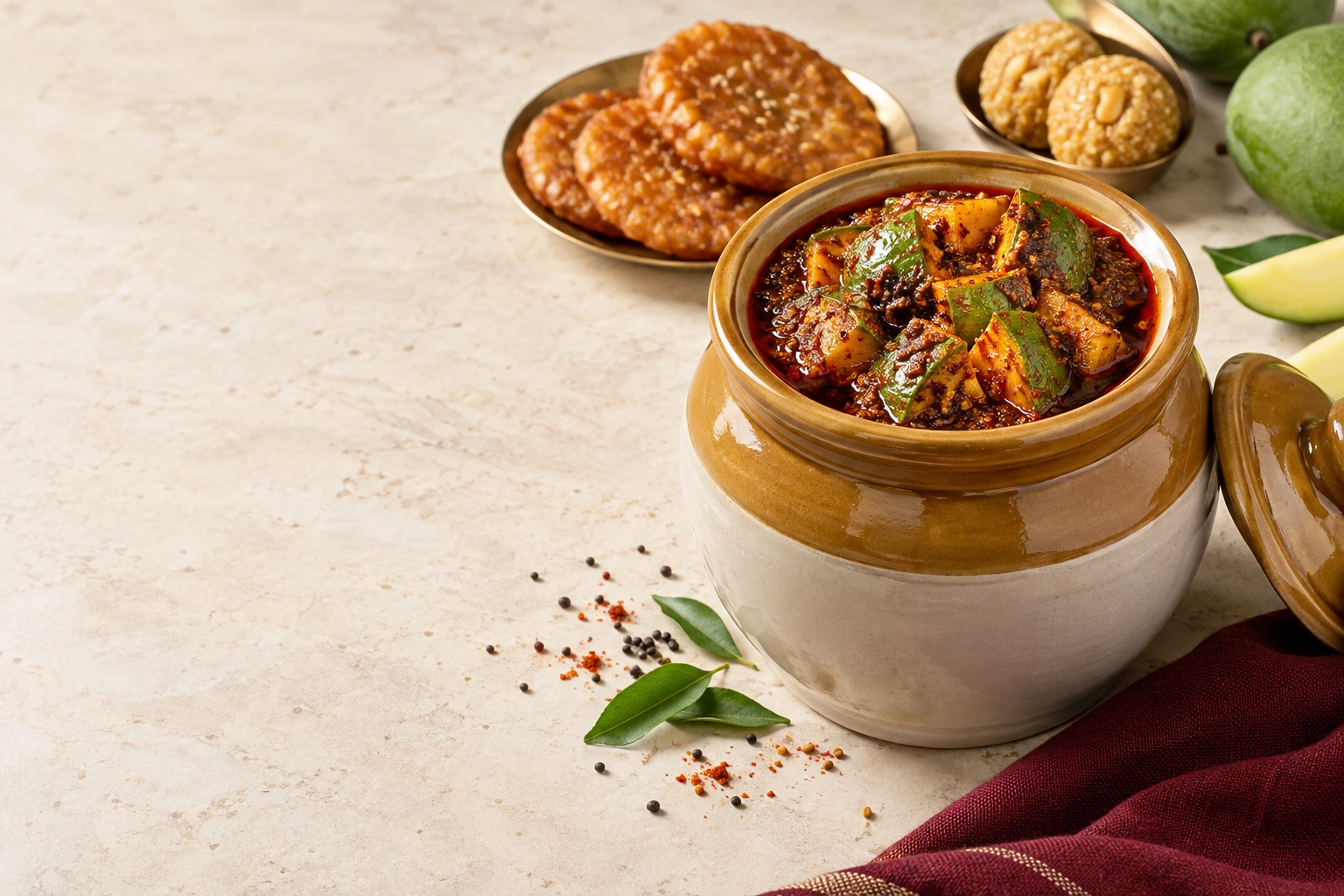 Andhra mango pickle and traditional sweets, styled for the Ruchi Nilayam collection